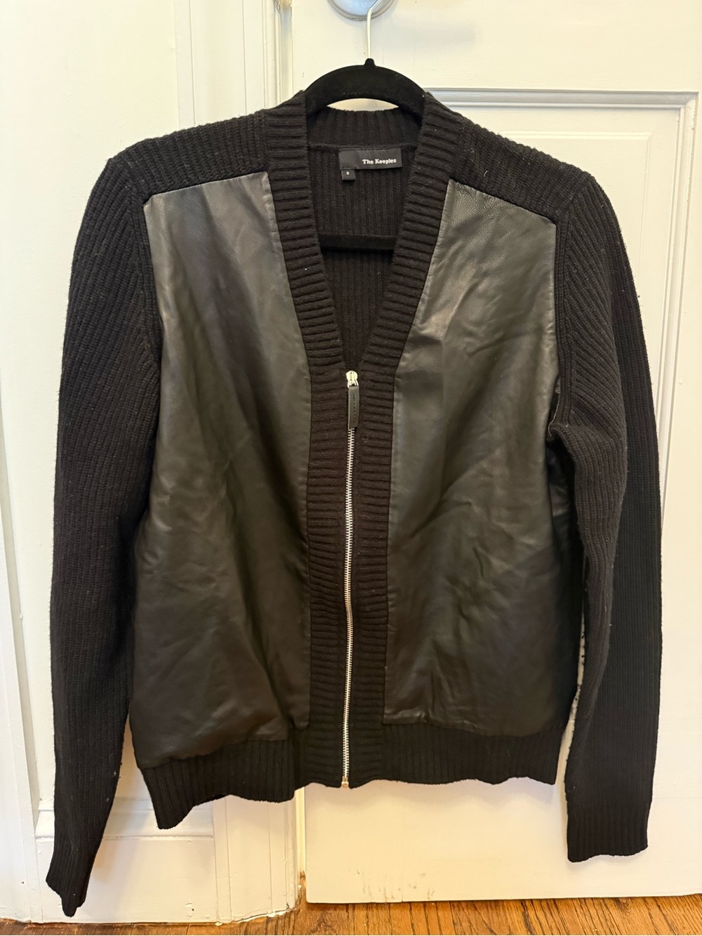 The Kooples Black Zip-Up Knit Sweater with Leather Panels